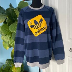 Rare Adidas ST Striped Graphic Ringer Crewneck Sweater Navy Blue, Grey & Yellow